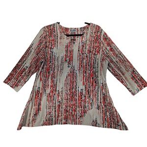 JM Collection Petite XL Red Black Abstract Drip Rhinestone Sharkbite Tunic Top